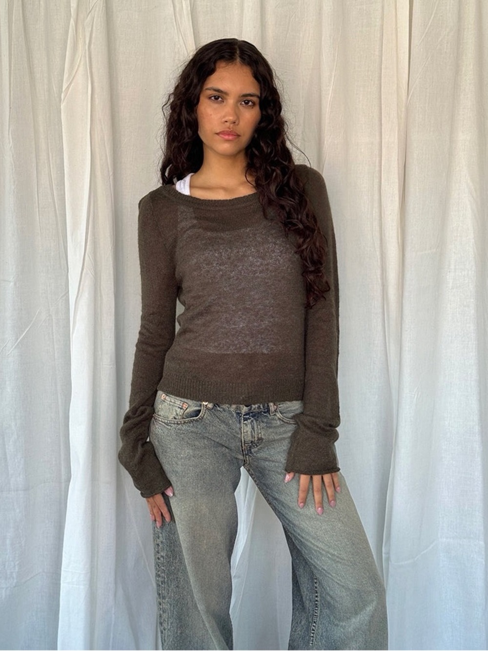 Motel Rocks Addison Long Sleeve Sheer Knit Top - Dark Chocolate (S)